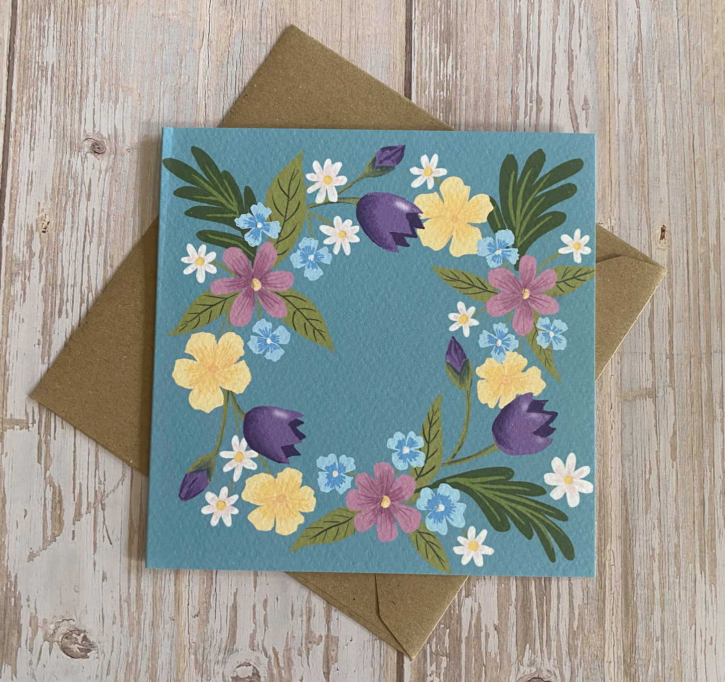 Spring Flower Wreath Card - Lovat Blue