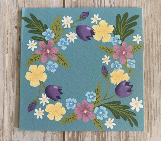 Spring Flower Wreath Card - Lovat Blue