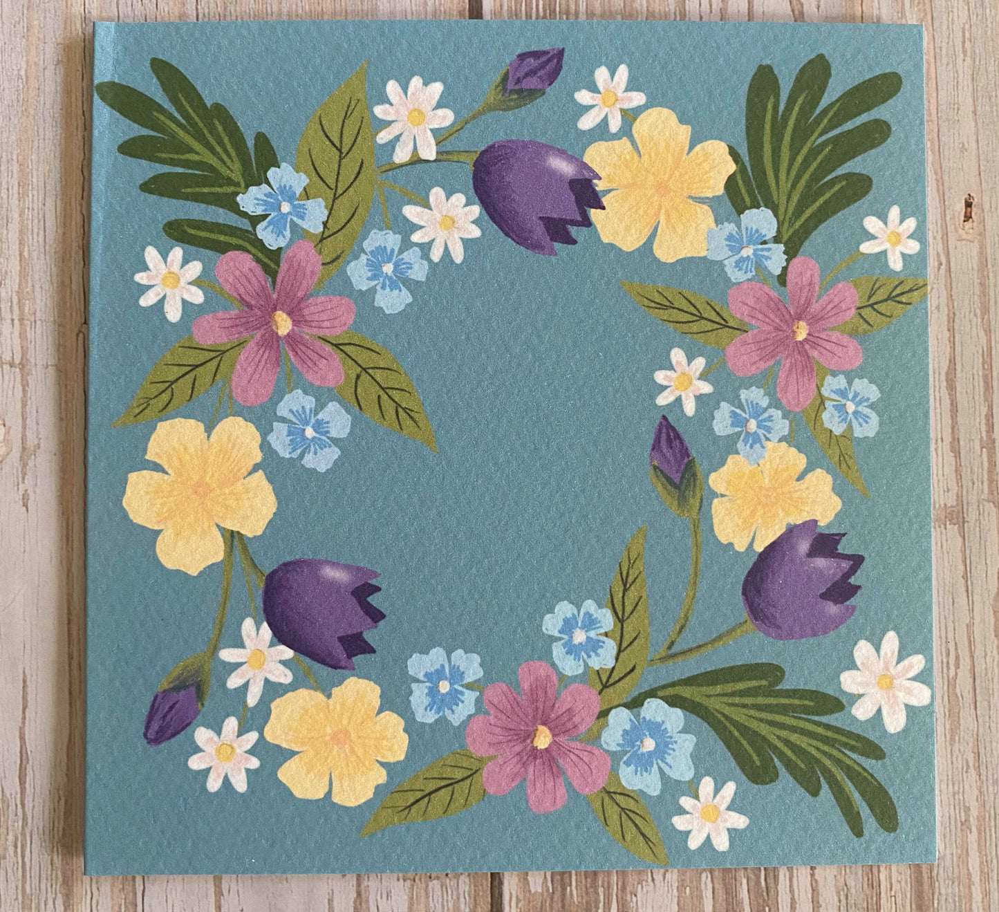 Spring Flower Wreath Card - Lovat Blue