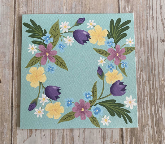 Spring Flower Wreath Card - Pale Blue