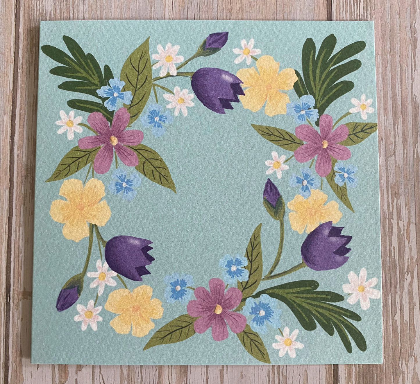 Spring Flower Wreath Card - Pale Blue