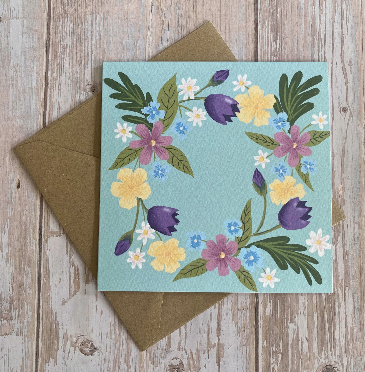 Spring Flower Wreath Card - Pale Blue